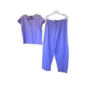 New Classique Entier Purple Lace Trim Cotton Blend 2 Piece PJ Top (M) Botton (L)